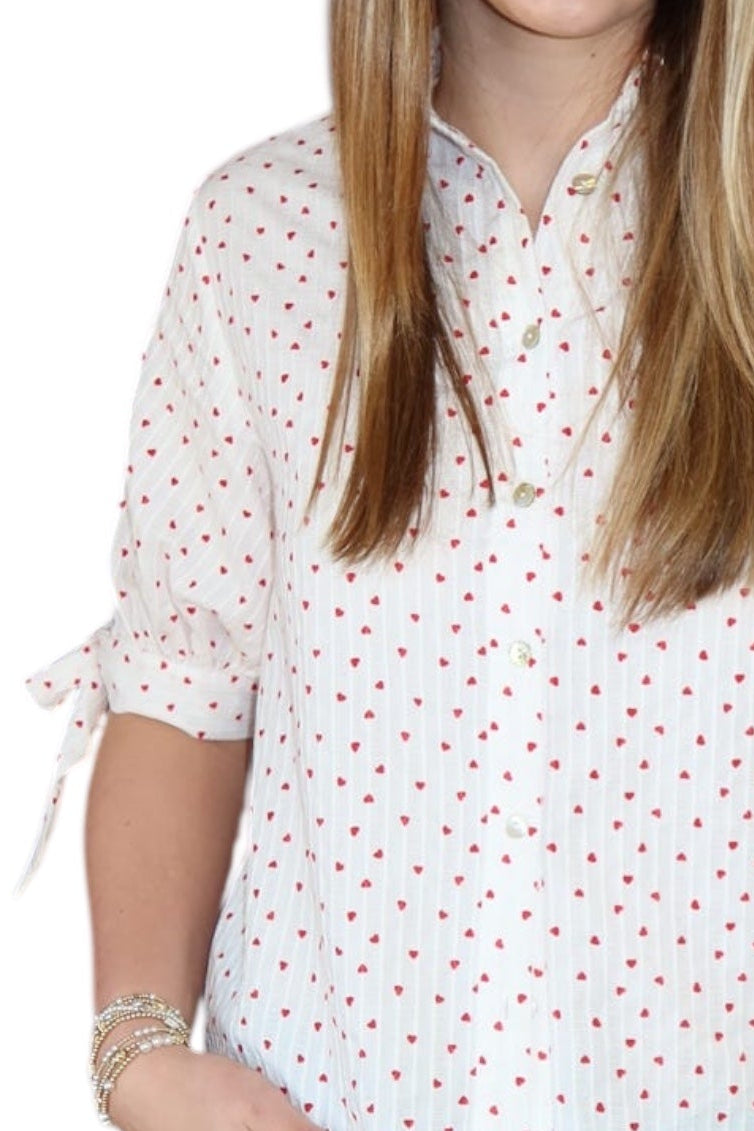 Heart Dot Print Puff Sleeve Semi Crop Button Front Top