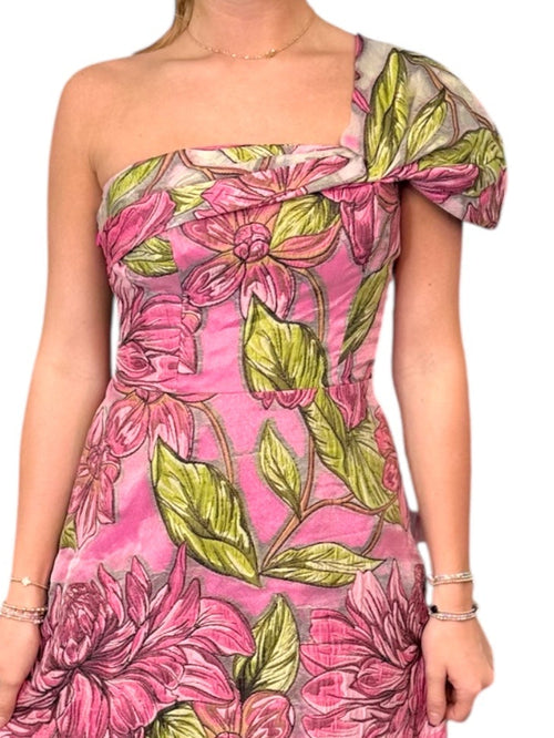 Olive Structured Organza Jacquard Puff Sleeve Mini Dress