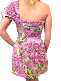 Olive Structured Organza Jacquard Puff Sleeve Mini Dress