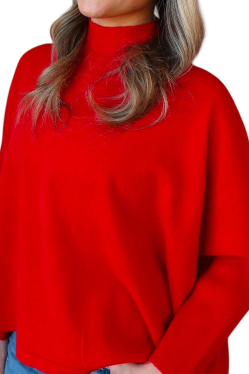 Aja Scarlet Red Boxy Mock Neck 3/4 Sleeve Top