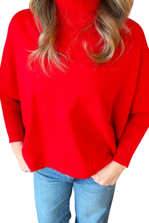 Aja Scarlet Red Boxy Mock Neck 3/4 Sleeve Top