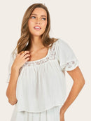 Misty Square Neck Linen Lace Inset Top
