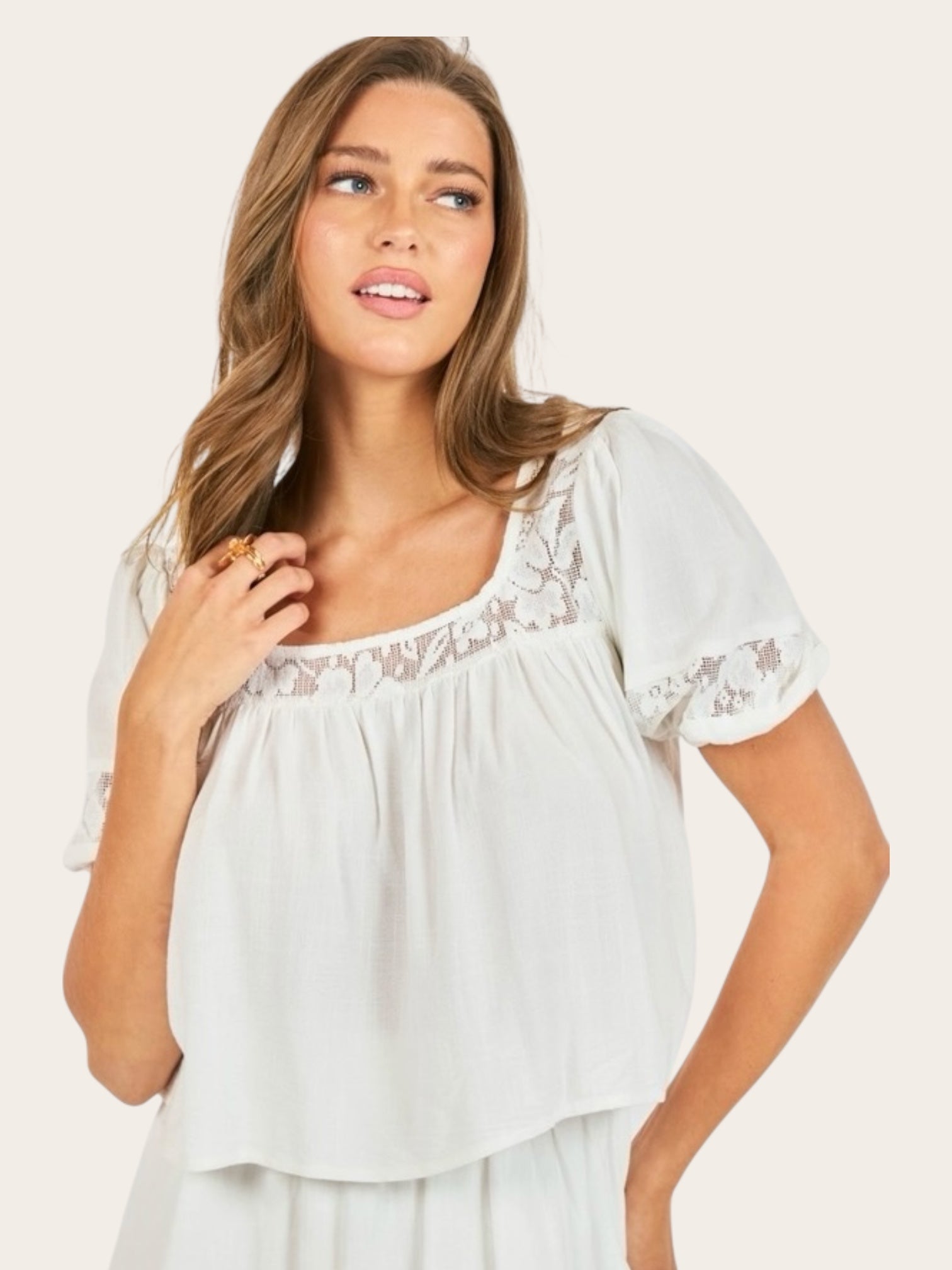 Misty Square Neck Linen Lace Inset Top