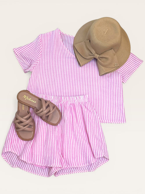 Pink Gauze Stripe Two Piece Set