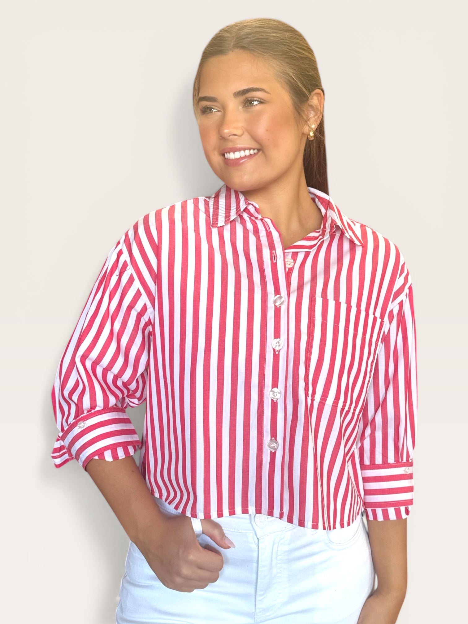 Raspberry Poplin Striped Button Down Top