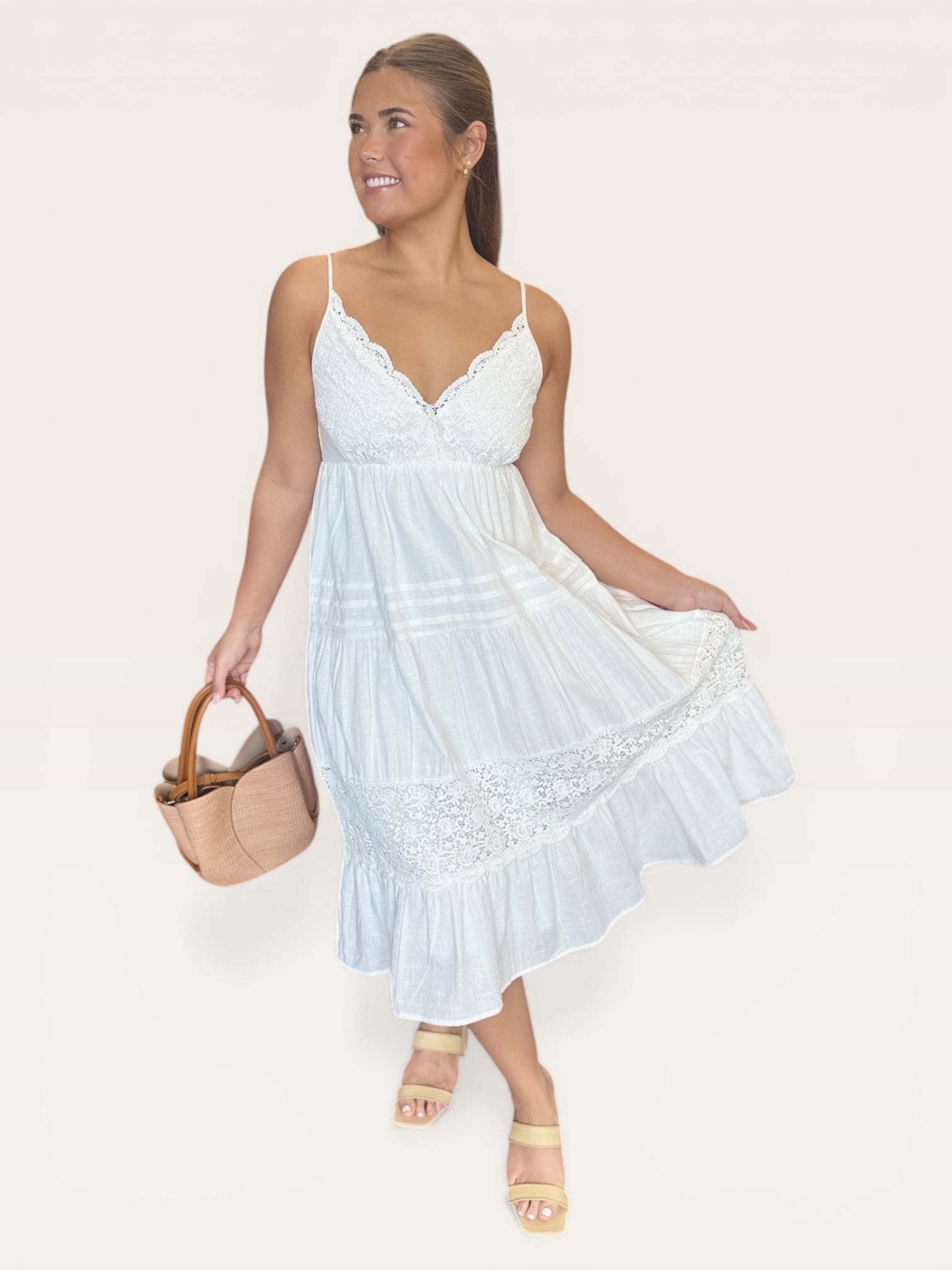 white lace midi dress spaghetti strap Colette Midi Dress in White, Medium / White