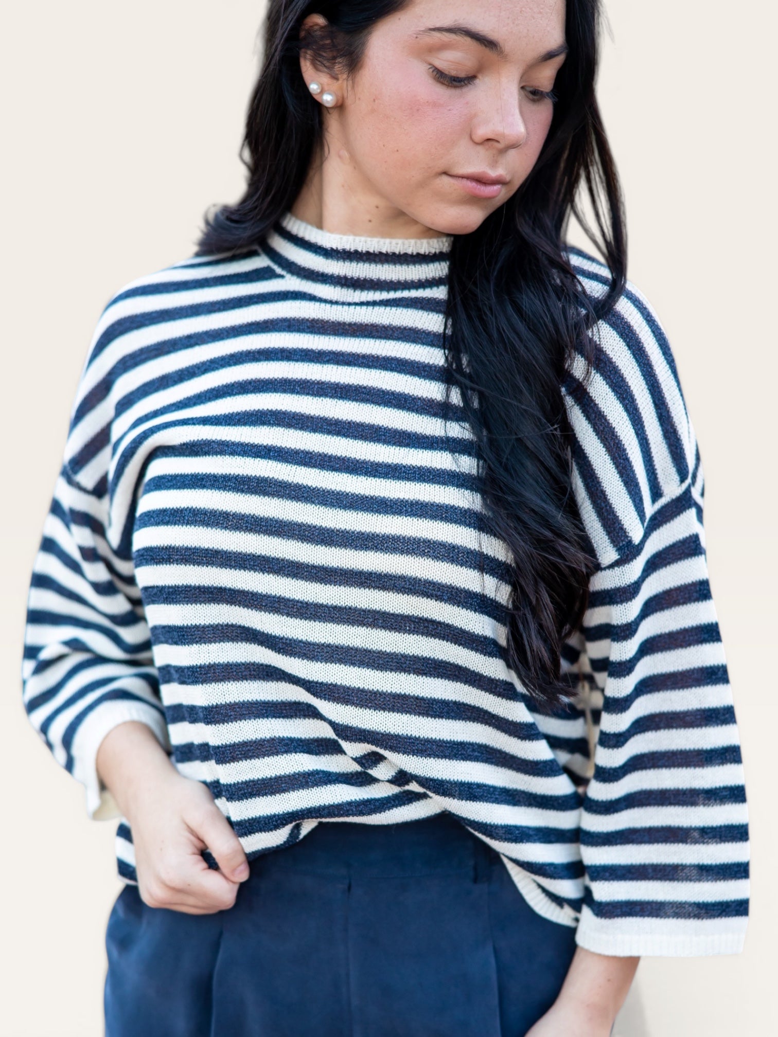 Veneto Sailor Stripe Mock Neck ¾ Sleeve Top