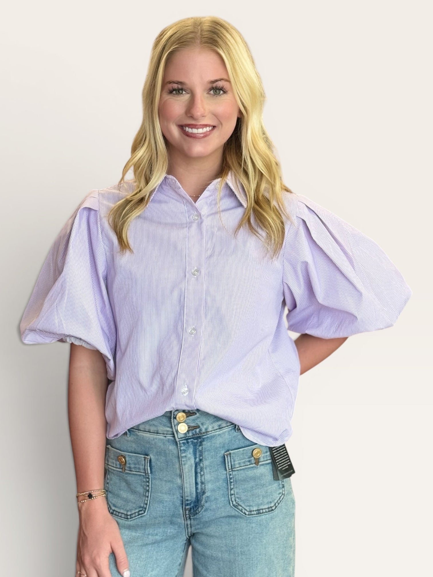 Lavender and White Puff Sleeve Button Down Top