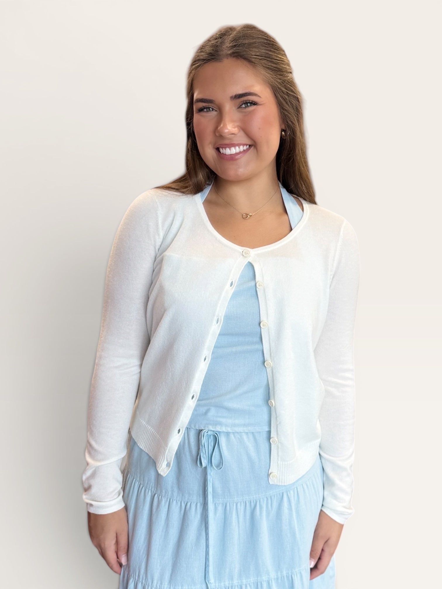 Peggy White Lightweight Crew Neck Button Cardigan | Layering Sweater