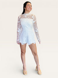 White Lace Long Sleeve Mock Neck Romper | Bridal + Wedding