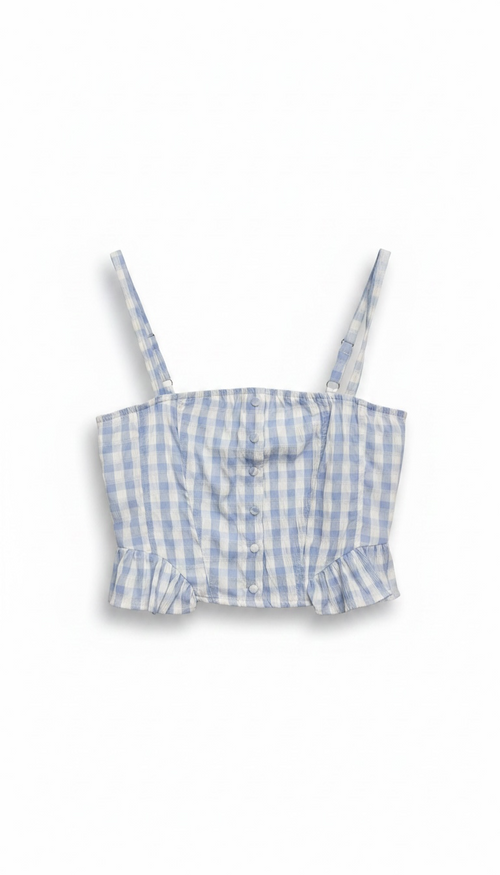 Sky Blue Gingham Ruffle Smocked Top | Adjustable Straps