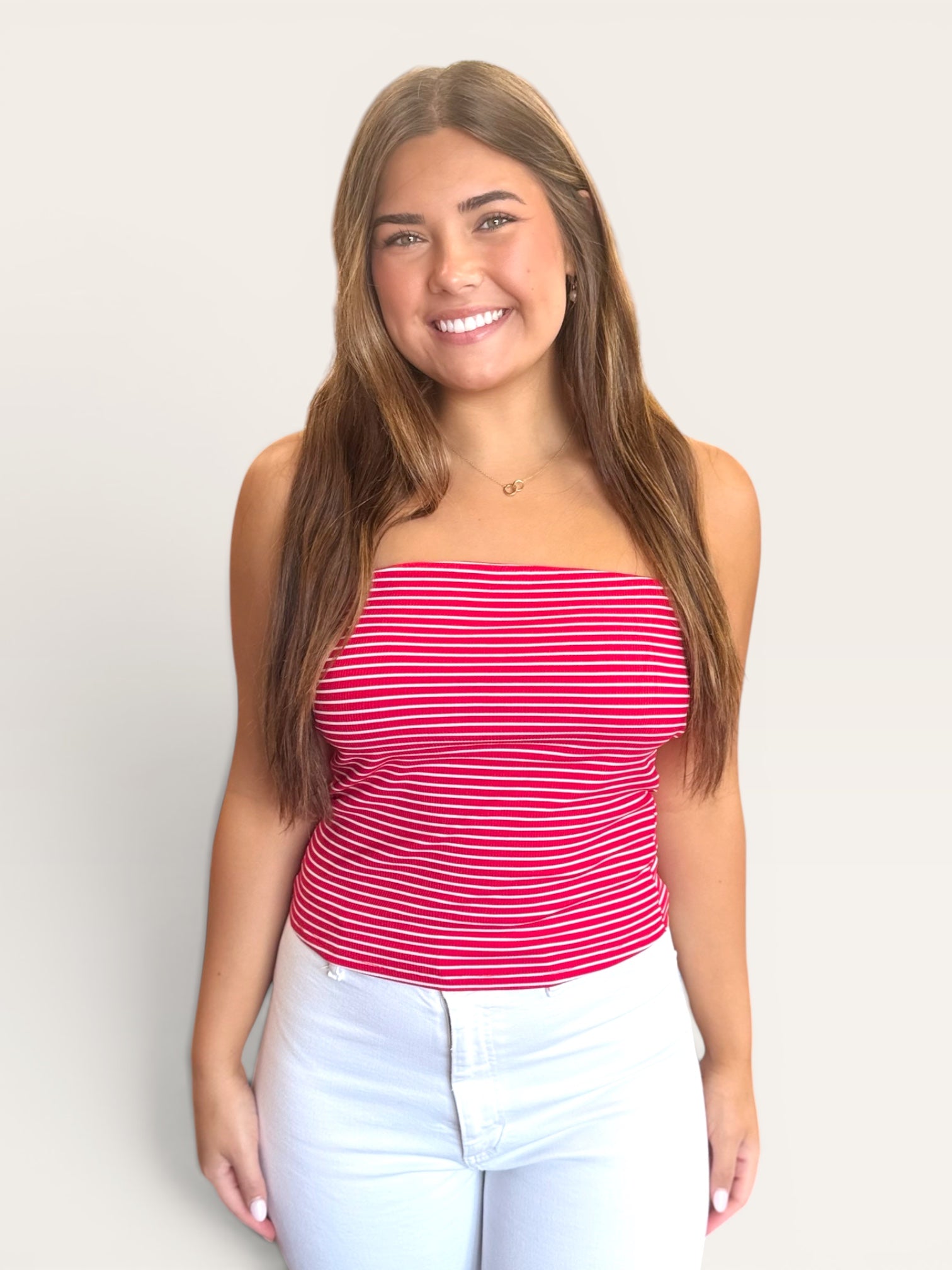 Red & White Stripe Knit Tube Top | Strapless Summer Top