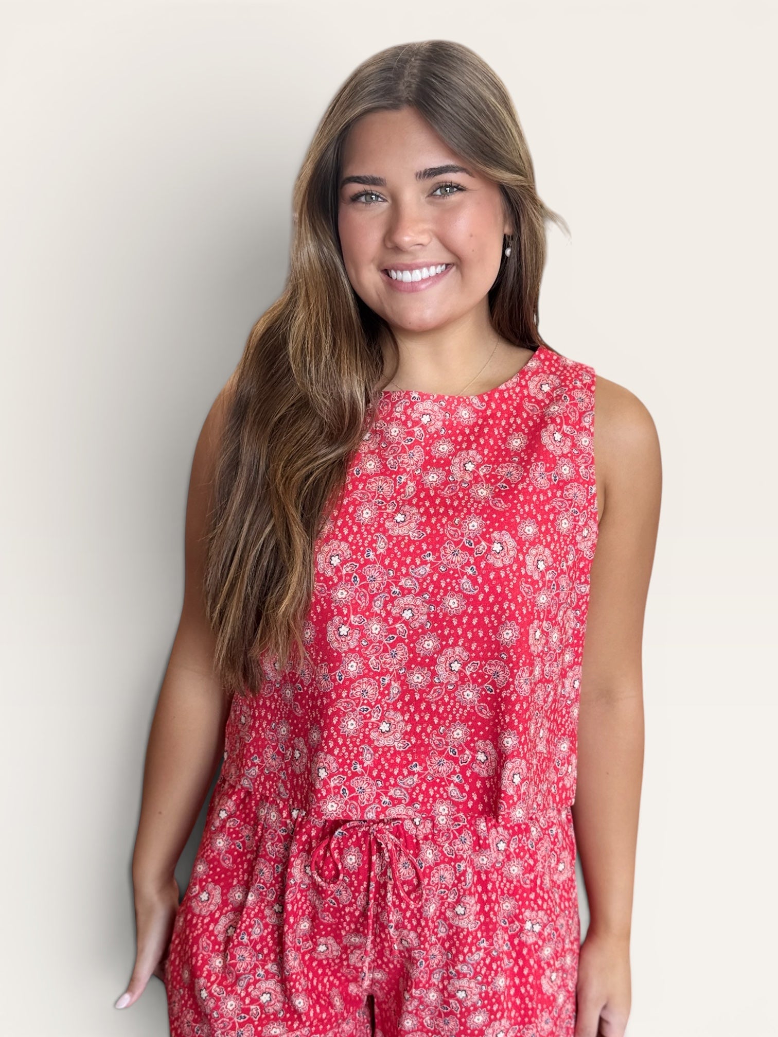 Red Floral Button Back Top