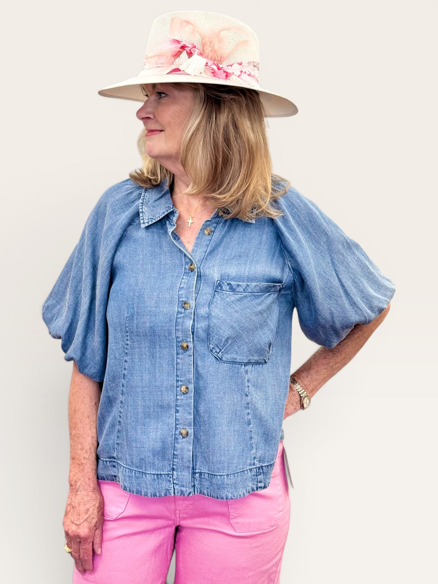 Balloon Sleeve Button Down Tencel Top