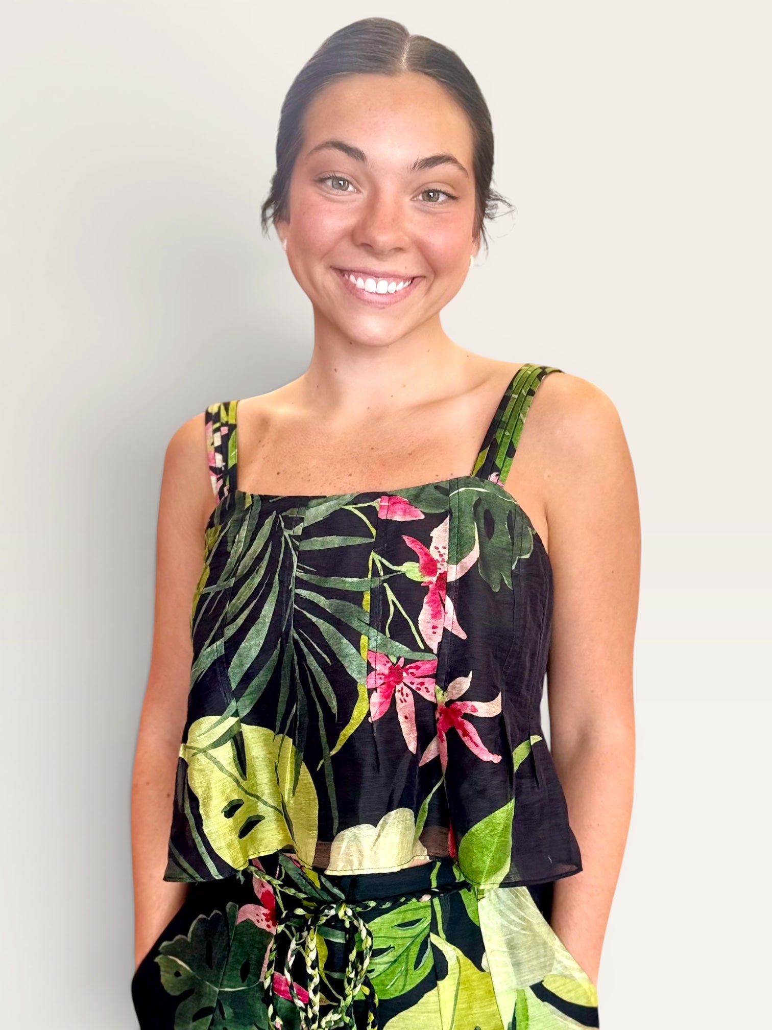 Tropical Print Topstitched Adjustable Strap Flare Tank