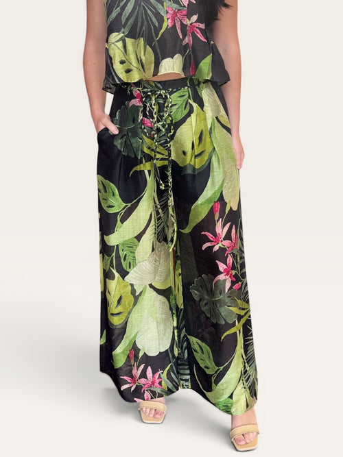 Tropical Print Pleated Wide Leg Braided Belt Pant