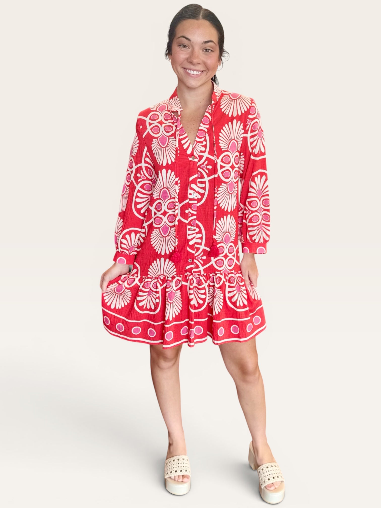 Red Medallion Print Long Sleeve Drop Waist Button Down Mini Dress