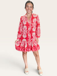 Red Medallion Print Long Sleeve Drop Waist Button Down Mini Dress