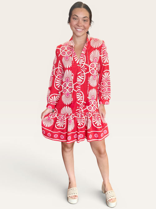Red Medallion Print Long Sleeve Drop Waist Button Down Mini Dress
