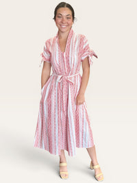 Red Woven Knot Sleeve Belted Waist Pocket Shirt Midi Dress