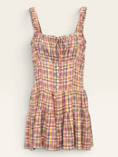 Plaid Square Neck Smocked Bodice Flowy Romper