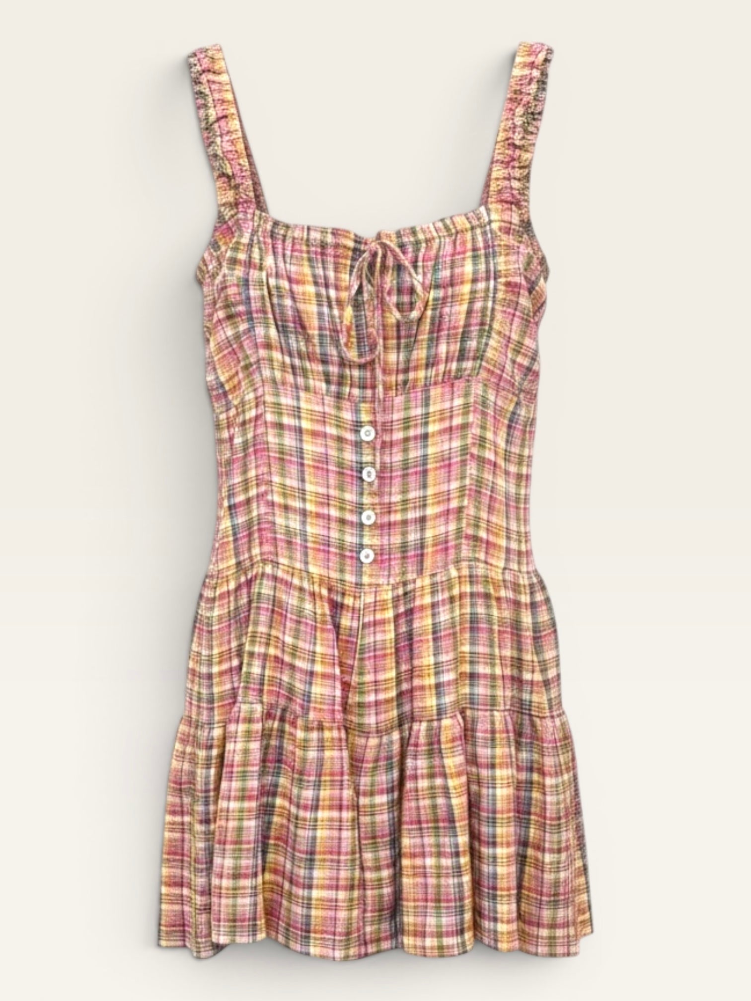 Plaid Square Neck Smocked Bodice Flowy Romper