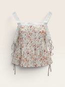 Floral Pintuck Lace Trim Top With Side Ties