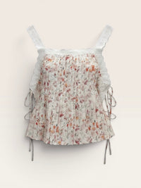 Floral Pintuck Lace Trim Top With Side Ties
