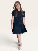 Black Drop Waist Collared Short Sleeve Button Up Mini Dress