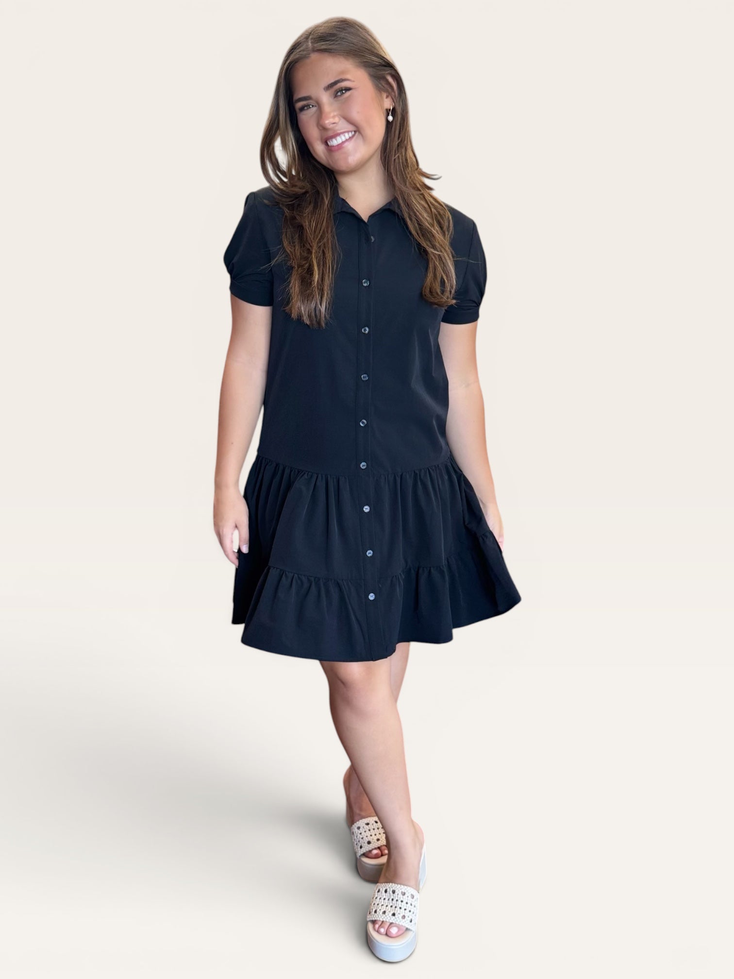 Black Drop Waist Collared Short Sleeve Button Up Mini Dress