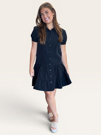 Black Drop Waist Collared Short Sleeve Button Up Mini Dress