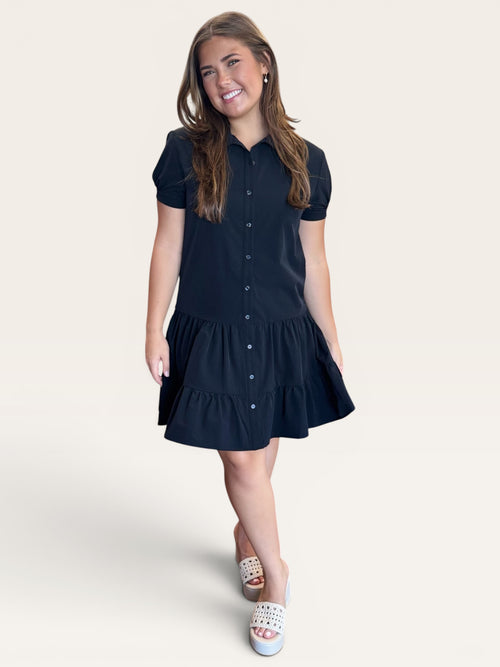 Black Drop Waist Collared Short Sleeve Button Up Mini Dress