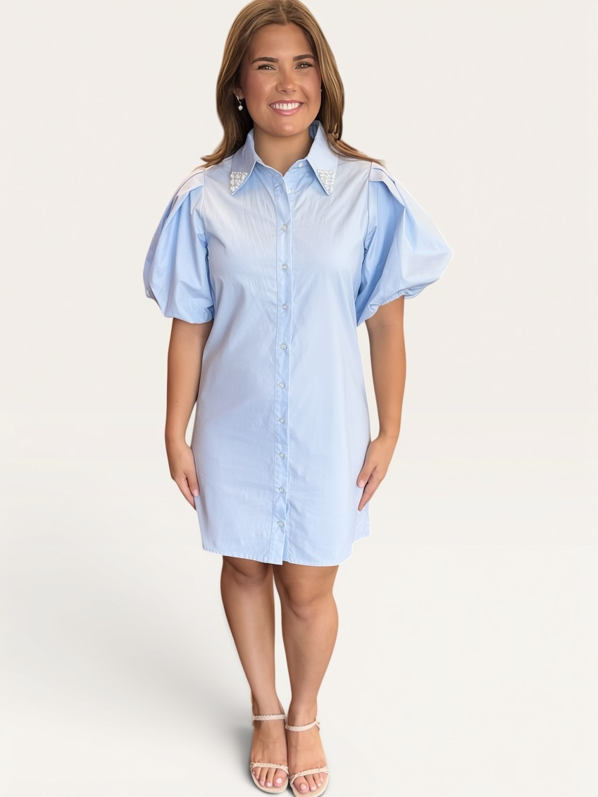 Light Blue Poplin Pearl Collar Button Up Bubble Sleeve Shift Mini Dress
