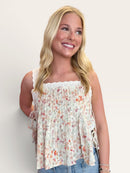 Floral Pintuck Lace Trim Side Tie Flowy Top