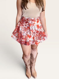 Rust Floral Asymmetrical Tie Waist Crochet Trim Flowy Mini Skirt