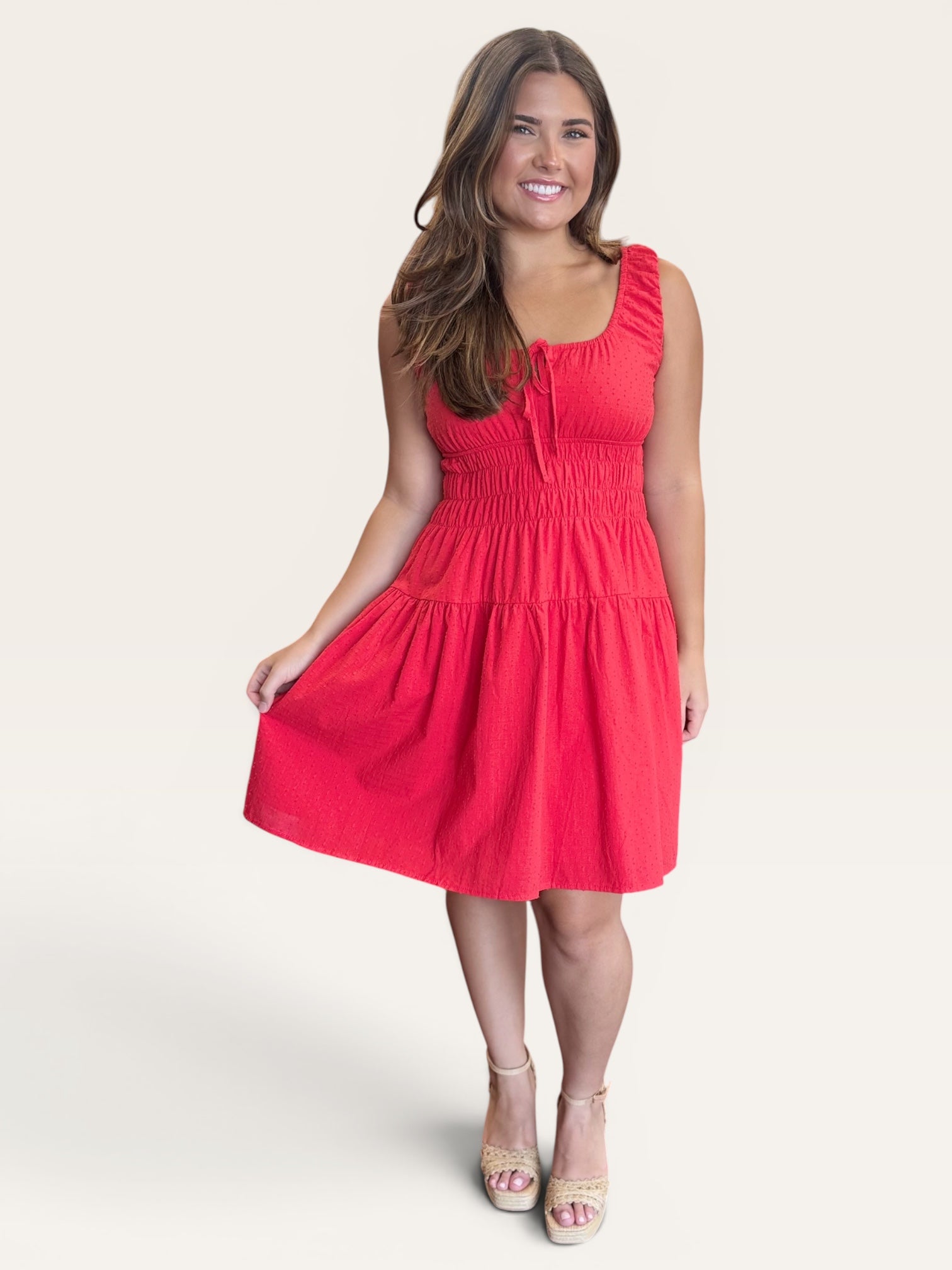 Red Swiss Dot Smocked Waist Front Tie Pocket Mini Dress