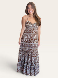 Brown And White Medallion Print Adjustable Strap Maxi Dress