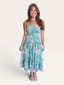 Sage Floral Halter Smocked Bodice Tiered Ruffle Midi Dress