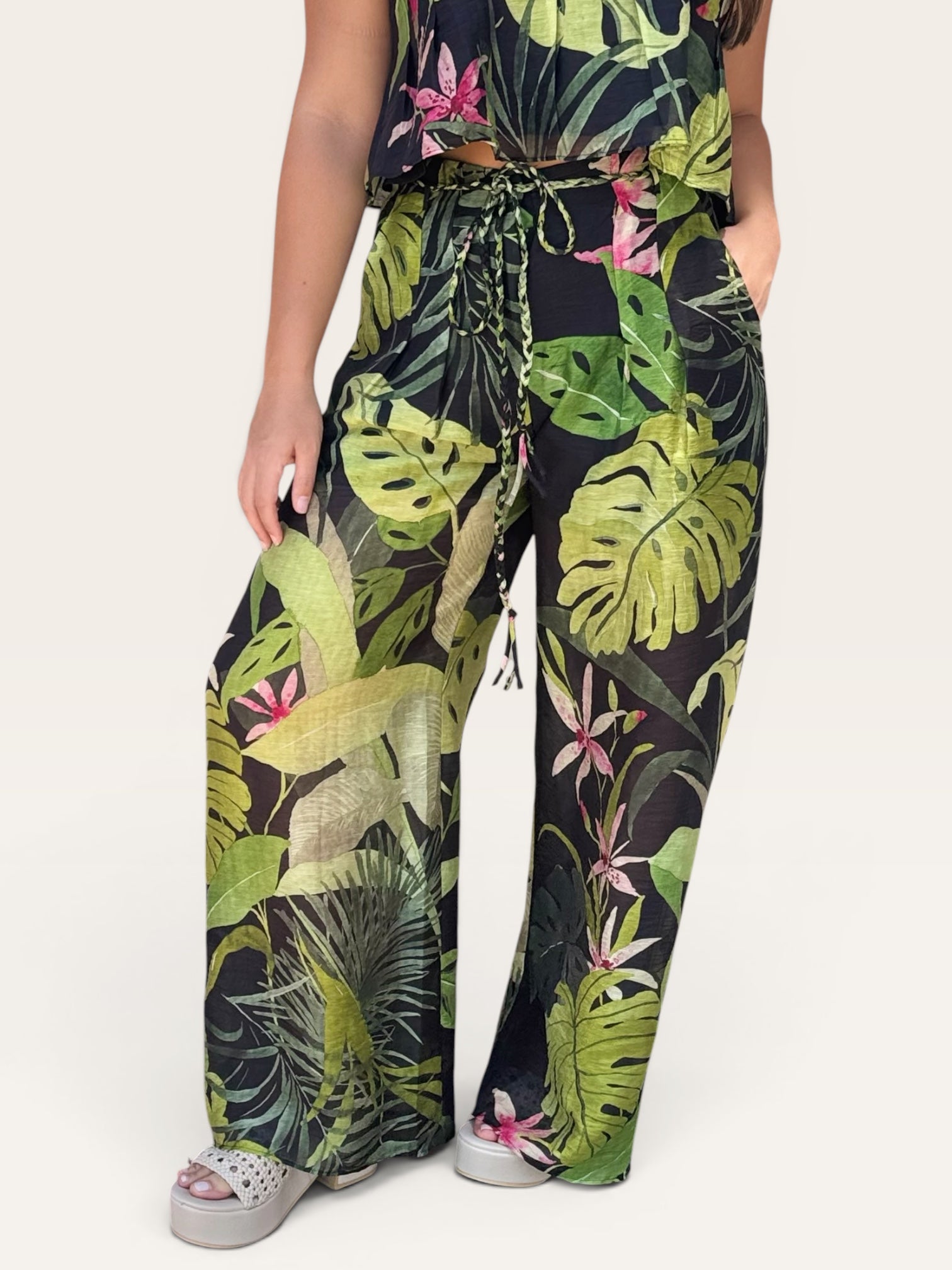 Tropical Print Pleated Wide Leg Braided Belt Pant
