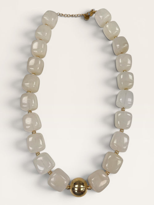 Beaded Necklace With Gold Statement Bead- White