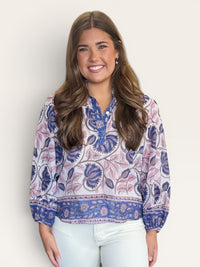 Pink And Blue Floral 3/4 Length Sleeve Top