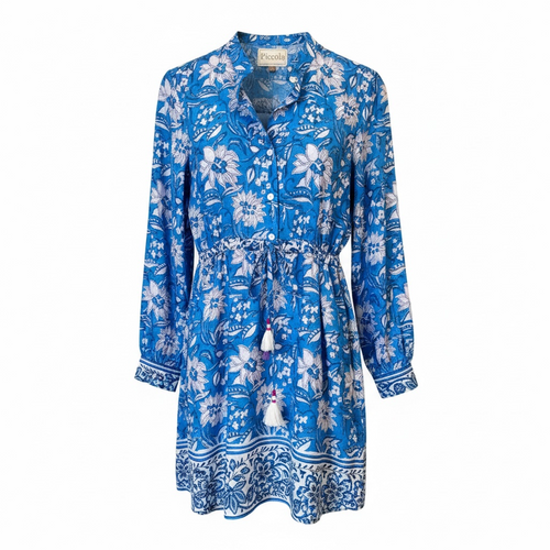Blue Floral Long Sleeve Tie Waist Mini Dress | Cotton Block Print