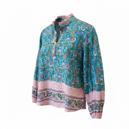 Paisley Mist 3/4 Sleeve Top | Cotton Block Print Ruffle Top