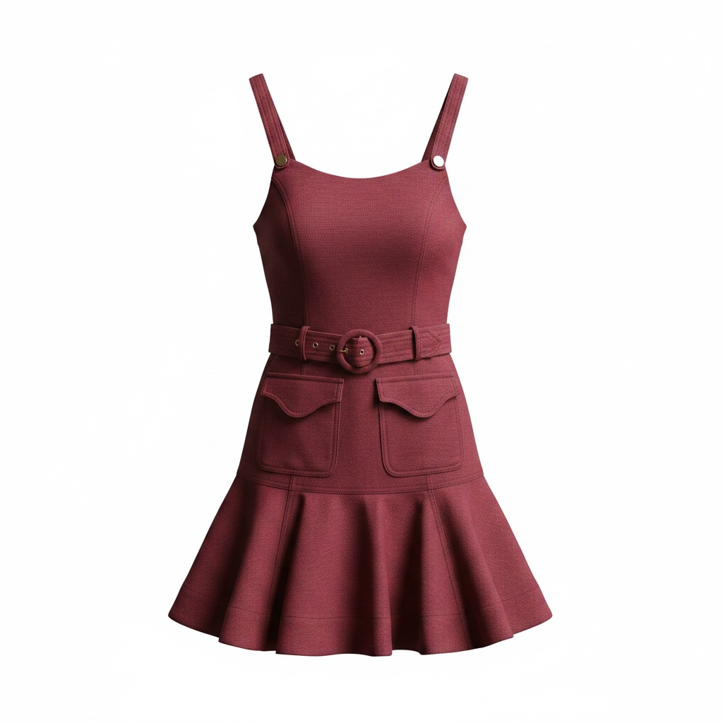 Berry hued mini dress with drop waist belted silhouette and gold button detailing