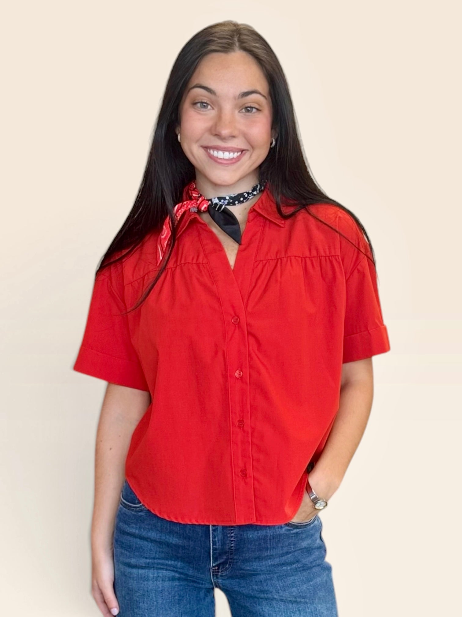 Red Short Sleeve Button Down Top | Boxy Cropped Collared Shirt