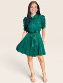 Emerald green shirt dress with ruched sleeves belted waist and gold stitching detail