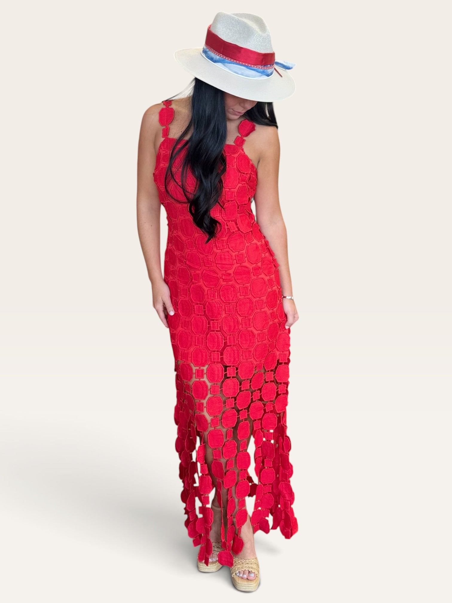 3D Lace Applique Fringe Hem Bodycon Midi Dress