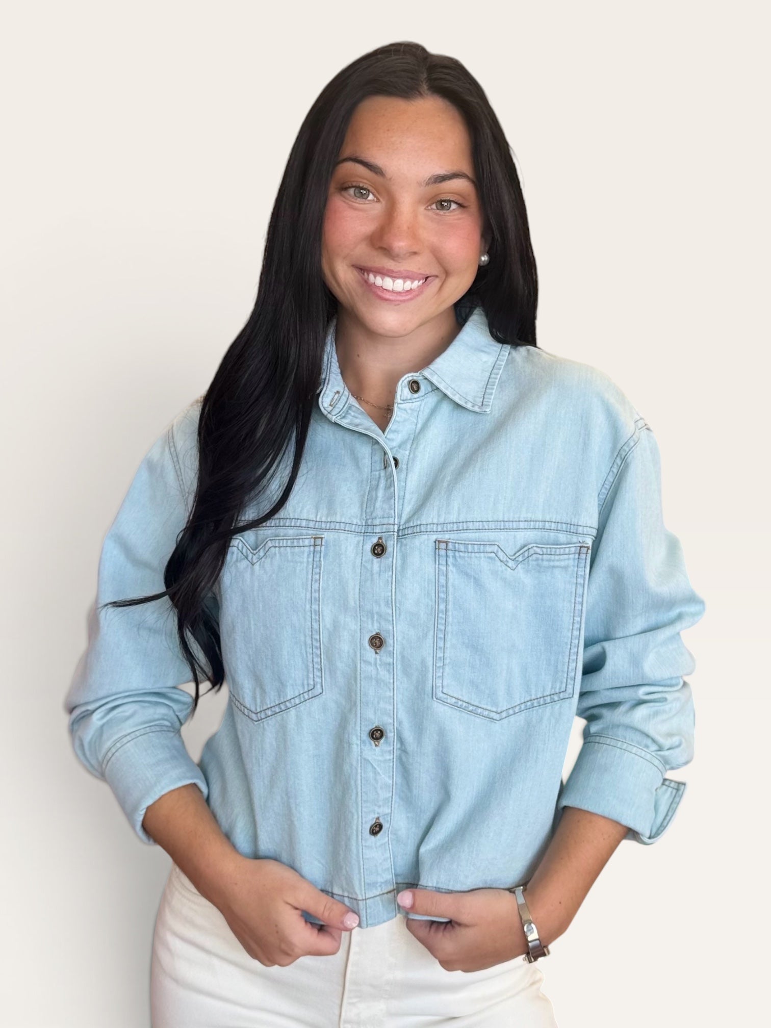 Light Denim Button Down Long Sleeve Top