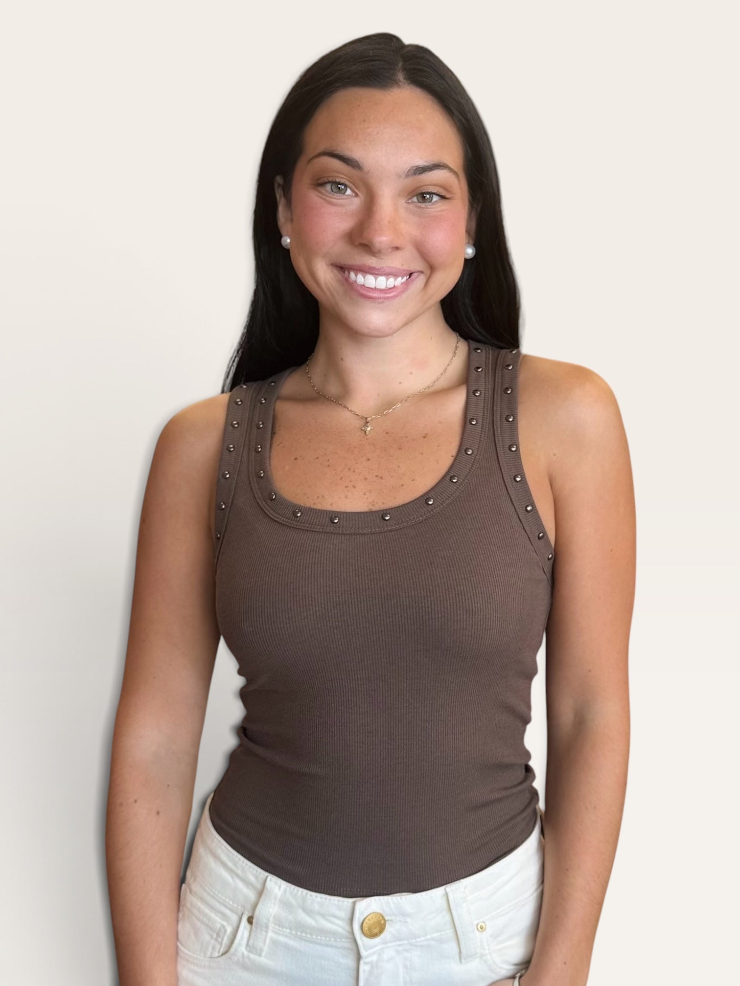Brown Studded Knit Tank Top