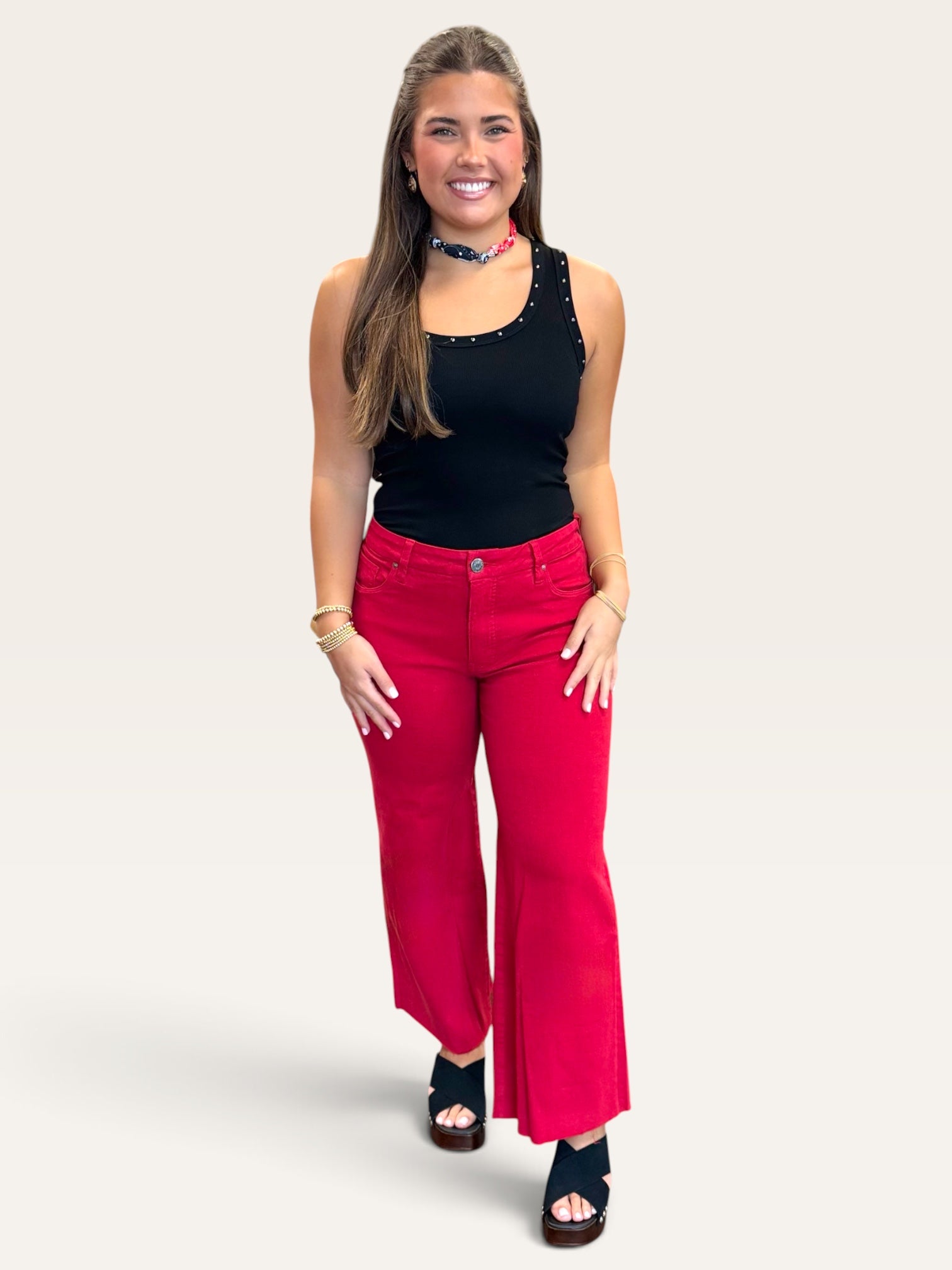 Kut From the Kloth Meg high rise Fab AB wide leg jeans in ruby red with raw hem